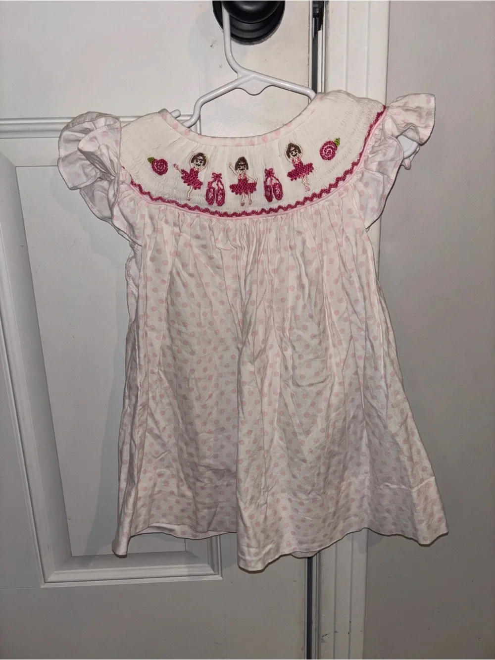 White and Pink Smocked Ballerina Dot Dress for Girls